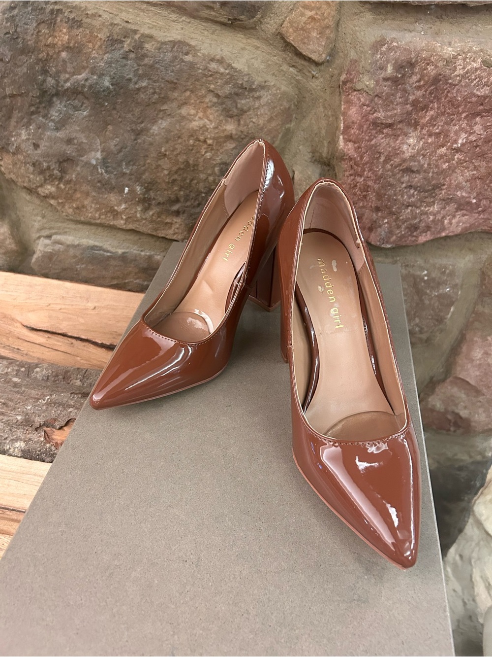 Madden Girl Patent Pointed-Toe Pumps in Cognac Brown 7.5